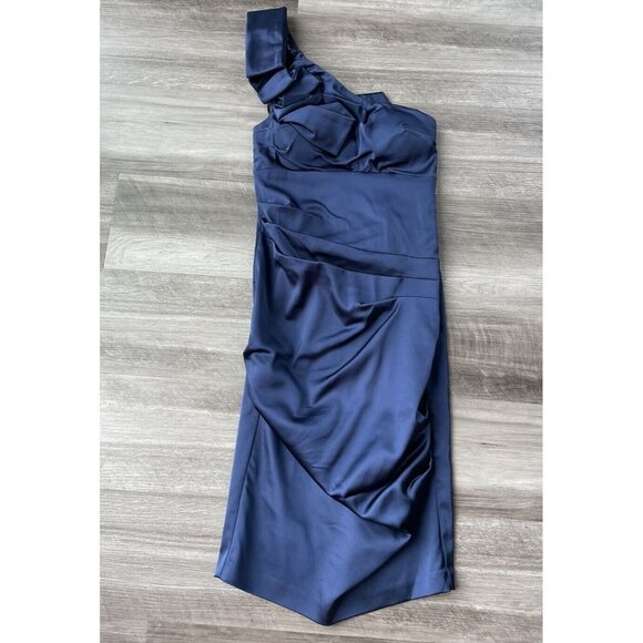 Betsy And Adam Navy Blue Ruched Satin Cocktail Dress Size 6 NWT Zip N10 - Picture 1 of 6